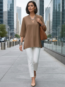 Women V‑Neck 3/4 Sleeve Tunic Top, Side Slit Loose Tunic Blouse, Casual Office Wear ZMZ0456H9YZH