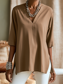 Women V‑Neck 3/4 Sleeve Tunic Top, Side Slit Loose Tunic Blouse, Casual Office Wear ZMZ0456H9YZH