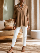Women V‑Neck 3/4 Sleeve Tunic Top, Side Slit Loose Tunic Blouse, Casual Office Wear ZMZ0456H9YZH