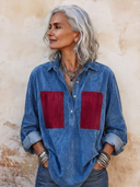 Women's Retro Red & Blue Color-Block Faux Suede Long-Sleeve Top ZMZ0587H2SWL