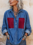 Women's Retro Red & Blue Color-Block Faux Suede Long-Sleeve Top ZMZ0587H2SWL