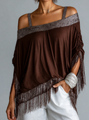 Women's Retro Casual Sequined Tassel Camisole Long-Sleeved Top ZMZ0549H4ZJY