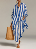 Women's Striped Linen Loose Shirt And Wide-Leg Pants Two-Piece Set ZMZ0400H9XT