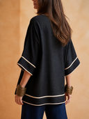 Women Boho Embroidered V‑Neck Blouse, 3/4 Wide Sleeve Loose Linen Blend Tunic Top ZMZ0459H2YZH