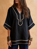 Women Boho Embroidered V‑Neck Blouse, 3/4 Wide Sleeve Loose Linen Blend Tunic Top ZMZ0459H2YZH