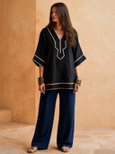 Women Boho Embroidered V‑Neck Blouse, 3/4 Wide Sleeve Loose Linen Blend Tunic Top ZMZ0459H2YZH