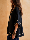 Women Boho Embroidered V‑Neck Blouse, 3/4 Wide Sleeve Loose Linen Blend Tunic Top ZMZ0459H2YZH