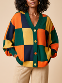 Women's Color-Block Checkerboard Loose-Fit Knit Cardigan ZMZ0426H6XT