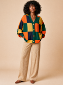 Women's Color-Block Checkerboard Loose-Fit Knit Cardigan ZMZ0426H6XT