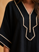Women Boho Embroidered V‑Neck Blouse, 3/4 Wide Sleeve Loose Linen Blend Tunic Top ZMZ0459H2YZH