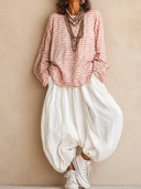 Women's Vintage Casual Striped Print Crew Neck Top And Cotton-Linen Pants Set ZMZ0599H1ZJY
