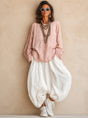 Women's Vintage Casual Striped Print Crew Neck Top And Cotton-Linen Pants Set ZMZ0599H1ZJY