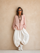 Women's Vintage Casual Striped Print Crew Neck Top And Cotton-Linen Pants Set ZMZ0599H1ZJY