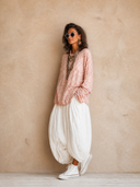 Women's Vintage Casual Striped Print Crew Neck Top And Cotton-Linen Pants Set ZMZ0599H1ZJY
