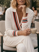 Women Preppy Collared V‑Neck Knit Top, Color Block Striped Cuff Long Sleeve Casual Blouse ZMZ0411H3YZH