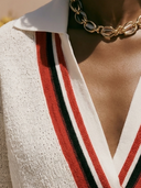 Women Preppy Collared V‑Neck Knit Top, Color Block Striped Cuff Long Sleeve Casual Blouse ZMZ0411H3YZH