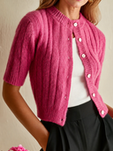 Women's Vintage Casual Solid-Color Mohair Knit Short-Sleeve Button-Front Cardigan ZMZ0537H5ZJY