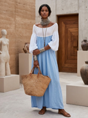 Women Off‑Shoulder Smocked Maxi Dress, Boho Puff Long Sleeve Color Block Flowy Long Dress ZMZ0523H4YZH