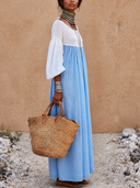 Women Off‑Shoulder Smocked Maxi Dress, Boho Puff Long Sleeve Color Block Flowy Long Dress ZMZ0523H4YZH
