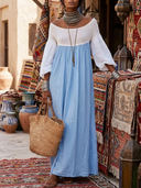 Women Off‑Shoulder Smocked Maxi Dress, Boho Puff Long Sleeve Color Block Flowy Long Dress ZMZ0523H4YZH