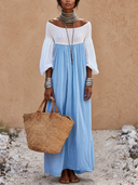 Women Off‑Shoulder Smocked Maxi Dress, Boho Puff Long Sleeve Color Block Flowy Long Dress ZMZ0523H4YZH