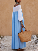 Women Off‑Shoulder Smocked Maxi Dress, Boho Puff Long Sleeve Color Block Flowy Long Dress ZMZ0523H4YZH