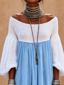 Women Off‑Shoulder Smocked Maxi Dress, Boho Puff Long Sleeve Color Block Flowy Long Dress ZMZ0523H4YZH