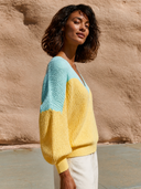 Women Color Block V‑Neck Knit Sweater, Loose Lantern Long Sleeve Casual Pullover Top ZMZ0482H7YZH