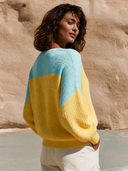 Women Color Block V‑Neck Knit Sweater, Loose Lantern Long Sleeve Casual Pullover Top ZMZ0482H7YZH