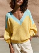 Women Color Block V‑Neck Knit Sweater, Loose Lantern Long Sleeve Casual Pullover Top ZMZ0482H7YZH