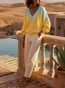 Women Color Block V‑Neck Knit Sweater, Loose Lantern Long Sleeve Casual Pullover Top ZMZ0482H7YZH