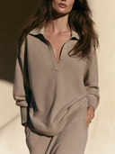 Women Polo Collar Knit Sweater, Button V‑Neck Long Sleeve Loose Casual Pullover Top ZMZ0466H4YZH
