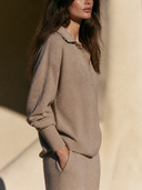 Women Polo Collar Knit Sweater, Button V‑Neck Long Sleeve Loose Casual Pullover Top ZMZ0466H4YZH