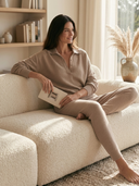 Women Polo Collar Knit Sweater, Button V‑Neck Long Sleeve Loose Casual Pullover Top ZMZ0466H4YZH