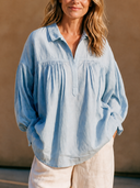 Women Linen Blend Henley Blouse, Collared Half Placket Gathered Loose Puff Long Sleeve Shirt ZMZ0505H8YZH