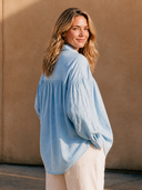 Women Linen Blend Henley Blouse, Collared Half Placket Gathered Loose Puff Long Sleeve Shirt ZMZ0505H8YZH