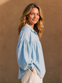 Women Linen Blend Henley Blouse, Collared Half Placket Gathered Loose Puff Long Sleeve Shirt ZMZ0505H8YZH