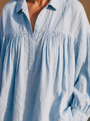 Women Linen Blend Henley Blouse, Collared Half Placket Gathered Loose Puff Long Sleeve Shirt ZMZ0505H8YZH