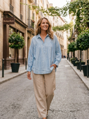 Women Linen Blend Henley Blouse, Collared Half Placket Gathered Loose Puff Long Sleeve Shirt ZMZ0505H8YZH