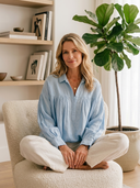 Women Linen Blend Henley Blouse, Collared Half Placket Gathered Loose Puff Long Sleeve Shirt ZMZ0505H8YZH