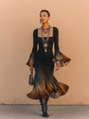 Women's Stylish Gradient Print Slim-Fit High-Stretch Long-Sleeve Midi Dress ZMZ0612H9SWL