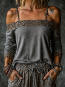 Women's Retro Casual Leopard Print Patchwork Cotton Camisole Long-Sleeve T-Shirt ZMZ0644H6ZJY