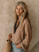 Women's Linen V-neck Color-blocked Long-sleeved Shirt ZMZ0484H4XT