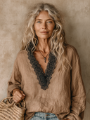 Women's Linen V-neck Color-blocked Long-sleeved Shirt ZMZ0484H4XT
