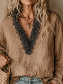 Women's Linen V-neck Color-blocked Long-sleeved Shirt ZMZ0484H4XT