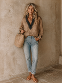 Women's Linen V-neck Color-blocked Long-sleeved Shirt ZMZ0484H4XT