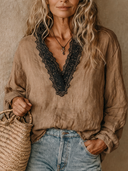 Women's Linen V-neck Color-blocked Long-sleeved Shirt ZMZ0484H4XT