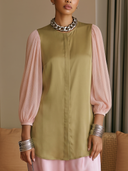 Women Color‑Block Spliced Blouse, Round Neck Hidden Button Lantern 3/4 Sleeve Chiffon Satin Casual Top ZMZ0627H0YZH