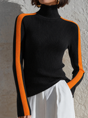 Women's Retro Casual Color Block High Neck Ribbed Knit Sweater ZMZ0649H2ZJY