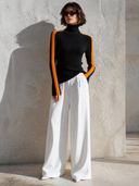 Women's Retro Casual Color Block High Neck Ribbed Knit Sweater ZMZ0649H2ZJY